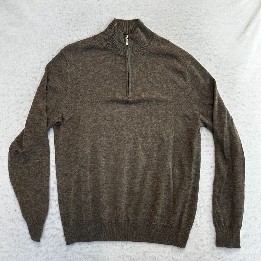 Hudson's Bay Quarter Zip Sweater Mens Large Brown Merino Wool Pullover
